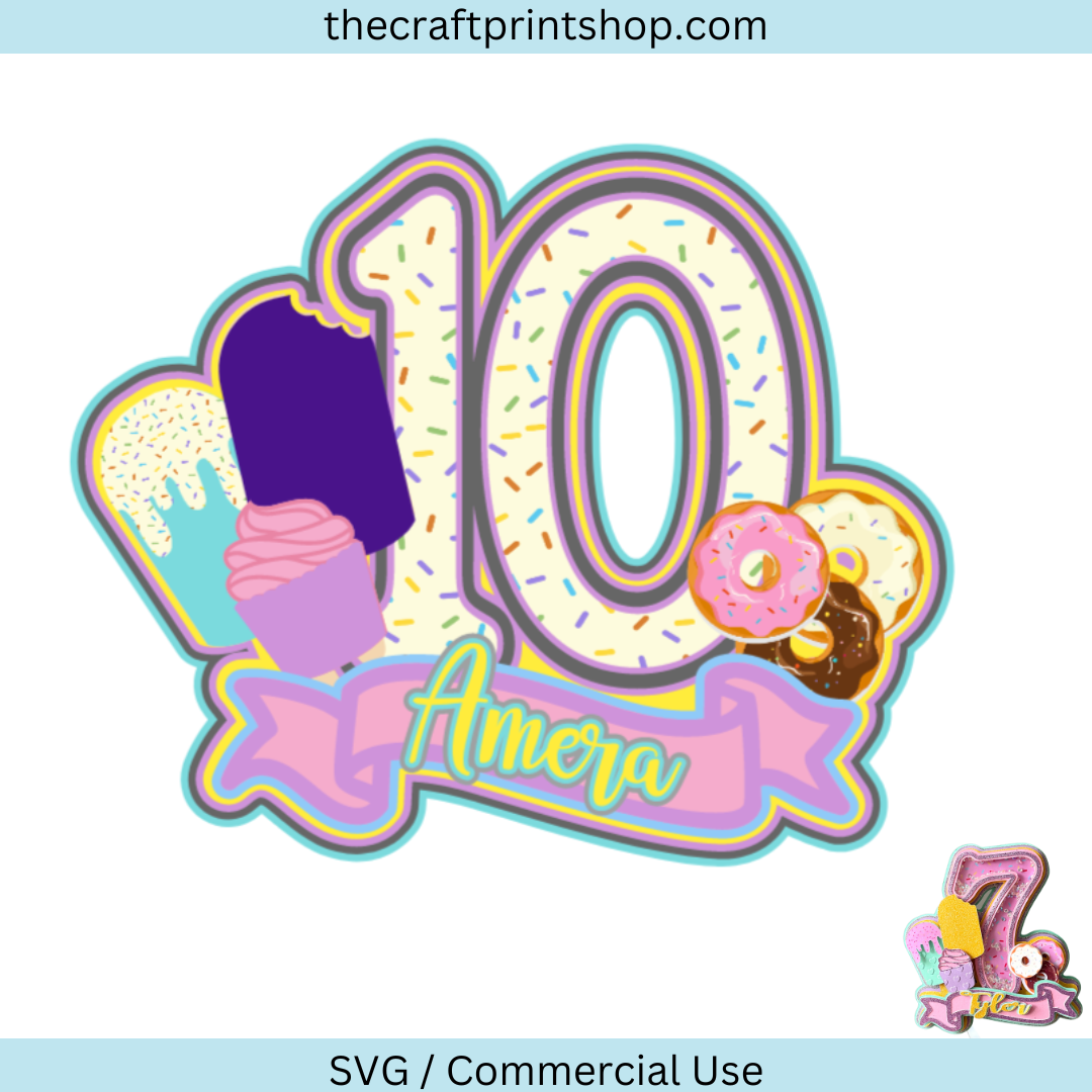 10th Birthday, shaker cake topper, Happy Birthday cake topper, cake topper svg, ice cream cake topper, cupcake cake topper
