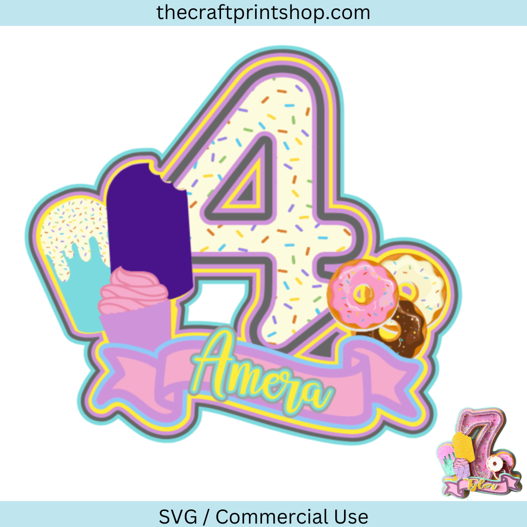 4th Birthday, shaker cake topper, Happy Birthday cake topper, cake topper svg, ice cream cake topper, cupcake cake topper