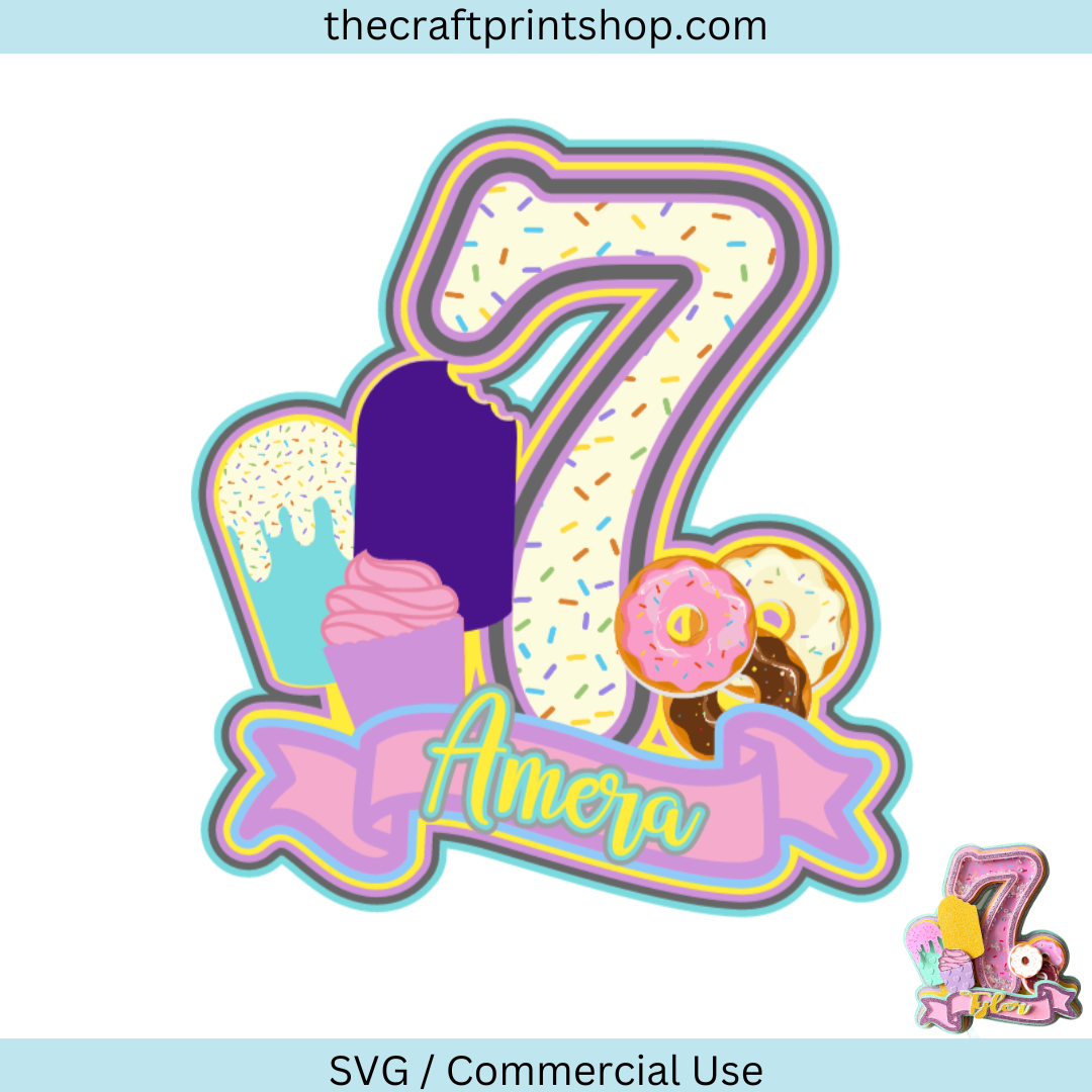 7th Birthday, shaker cake topper, Happy Birthday cake topper, cake topper svg, ice cream cake topper, cupcake cake topper